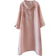 Literary temperament Mid -length round necklads, slopes, split heavy workers embroidery, sleeve fine stuffy t -shirt tea clothing