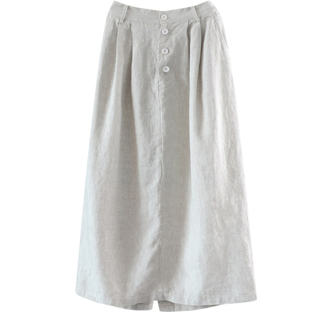 2025 spring and summer flat waist solid color mid-length linen skirt literary loose slim nine-point skirt straight skirt women
