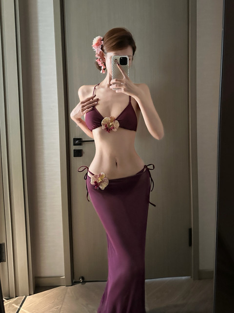 Royal Sister Goddess Purple Sexy Strap Split Skirt Bikini Three-piece Hot Spring Beach Resort Swimsuit Long Skirt