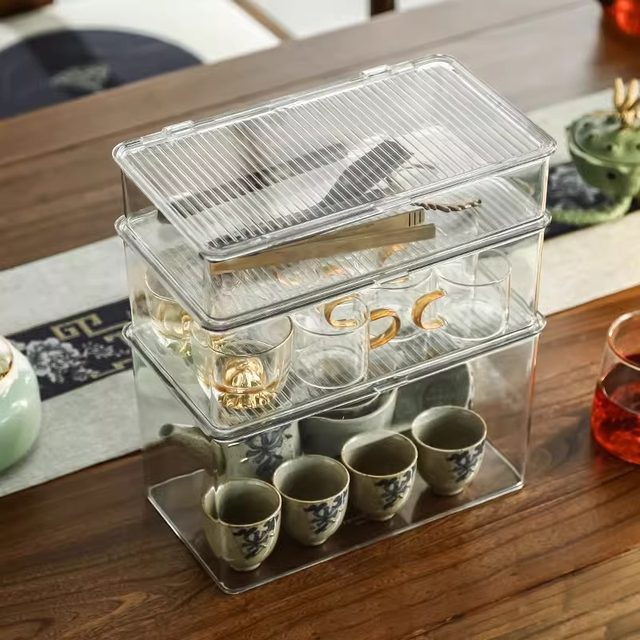 Tea set storage box transparent tea cup teapot cup holder wine glass ...