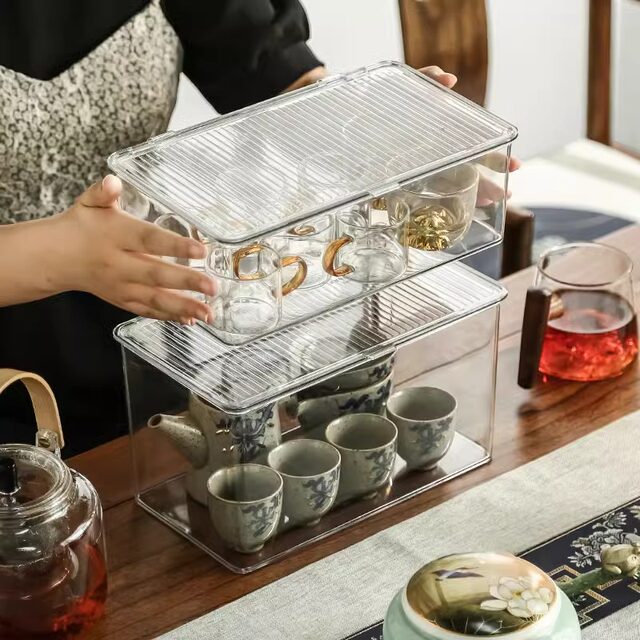 Tea set storage box transparent tea cup teapot cup holder wine glass ...