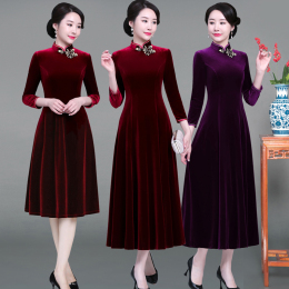 He-Gam-in-law Long Sleeves Large Size Gold velvet Cheongsam 2023 New Autumn and Winter High-end Mom Wedding Dress Fat Mmm