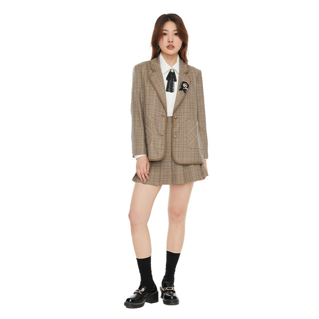 GW large size fat MM 2025 autumn new plaid suit jacket skirt JK uniform college style suit for women