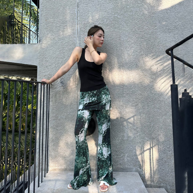 LEDIM WANG camouflage thin flared skirt and pants for women printed elastic casual drooping trousers elastic waist to show long legs
