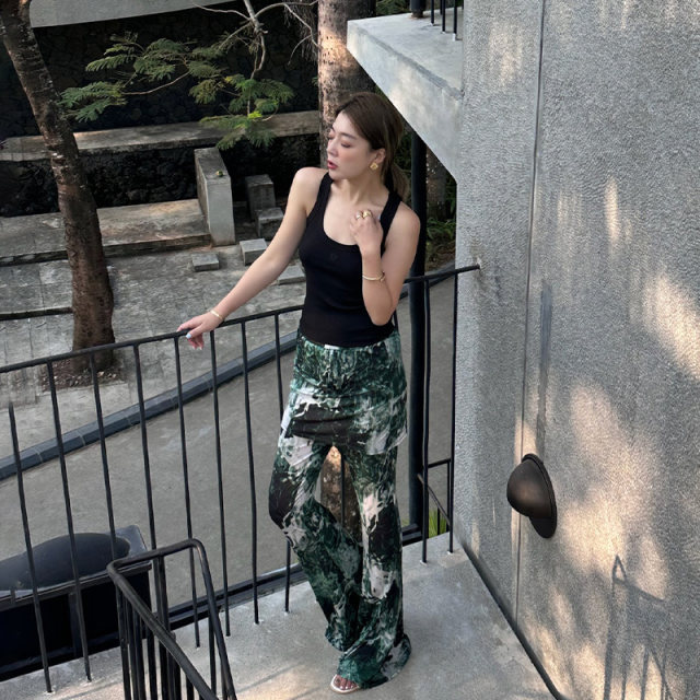 LEDIM WANG camouflage thin flared skirt and pants for women printed elastic casual drooping trousers elastic waist to show long legs