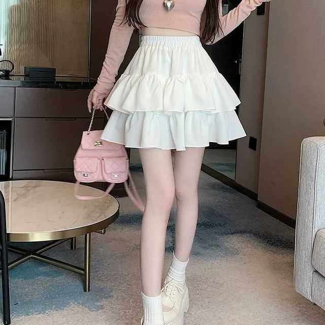 Korean large-size college style sweet girl fat mm high waist skirt summer ruffled pleated a-line short skirt ins