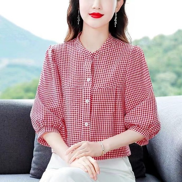 Fashionable quarter-sleeved plaid shirt for women in spring and summer new versatile pure cotton shirt fashionable mid-sleeved mother top