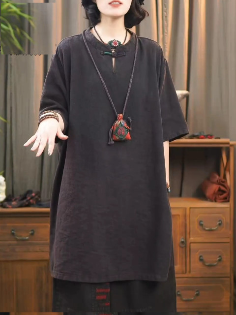 Chinese style retro embroidery stand -up collar cotton linen shirt female middle -style large -size striped linen line buckle medium long small shirt top

