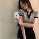 Large size 300jin [Jin is equal to 0.5 kg] V -neck short -sleeved T -shirt female ins in summer slimming, thin and covered short polo collar bottom shirt
