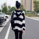 hooded sweater for women 2023 autumn new lazy style Korean version hollow knitted striped design casual long-sleeved top