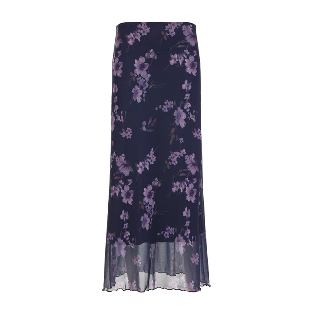 WEEKEEP niche retro style purple plant flower print mesh skirt loose straight slim long skirt