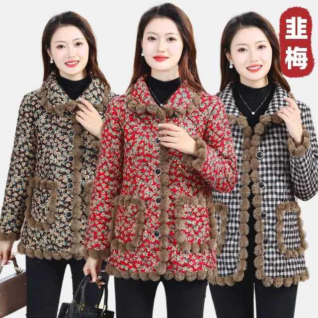 Mother's winter coat, cotton jacket, cotton trousers, home clothes set, middle-aged and elderly grandmother's velvet warm plaid cotton coat two-piece set