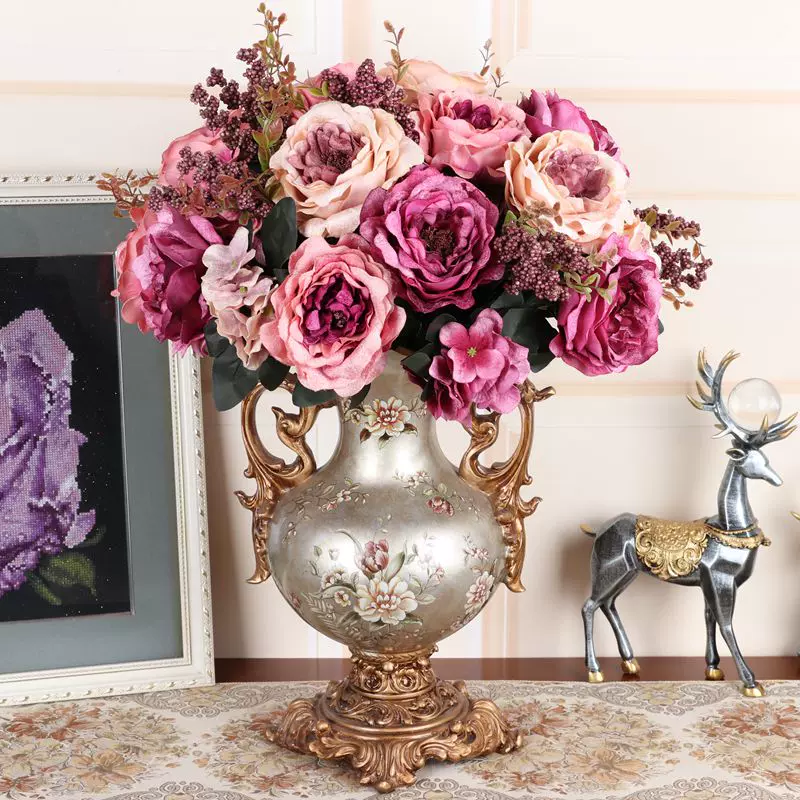 仿真花束摆件欧式绒布复古牡丹假花绢花装饰花艺客厅室内花瓶摆设
