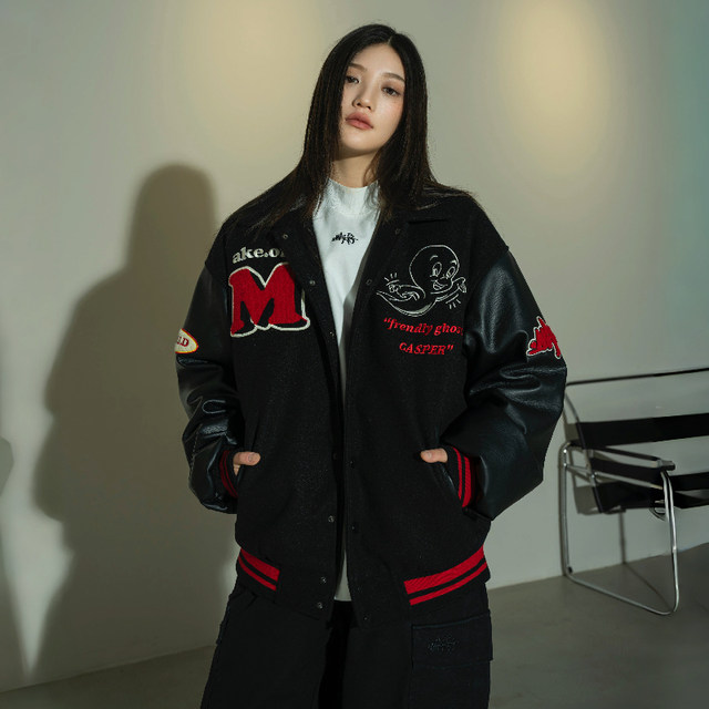 Makemore Jacket Men's Spring and Autumn Woolen Embroidered Lapel Thickened Baseball Suit American Red Trendy Cotton Suit Women
