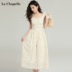 La Chapelle/La Chapelle temperament hollow lace floral small flying sleeve dress slimming mid-length skirt