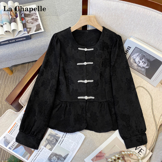 La Chapelle Spring New New Chinese Style Beaded Band Button Loose Jacquard Shirt Top for Women