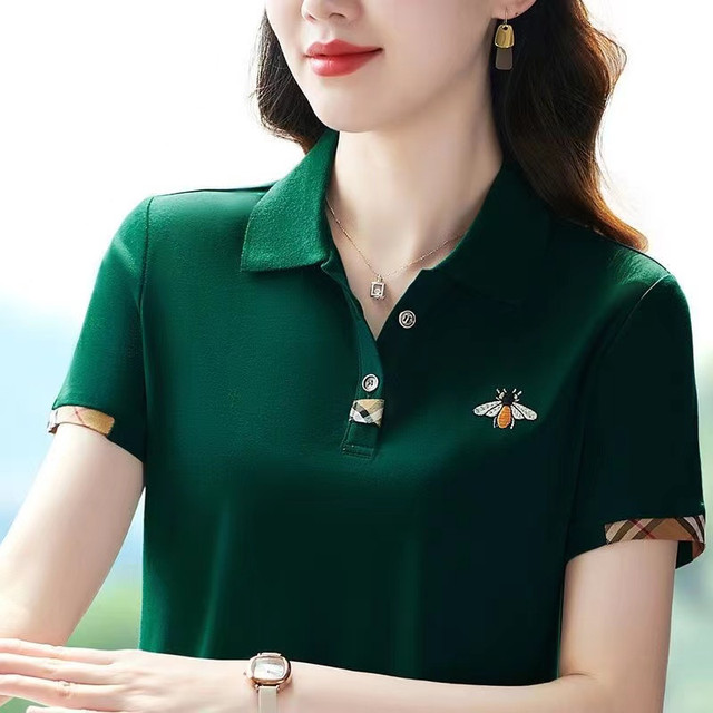 Fashion embroidered thin T-shirt 2025 new summer daily lapel short-sleeved women's T-shirt polo shirt mother top