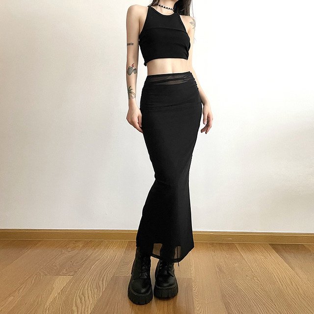 KLIOU Hong Kong style retro black mesh stitching high waist skirt women's slim slim straight hip-covering long skirt summer