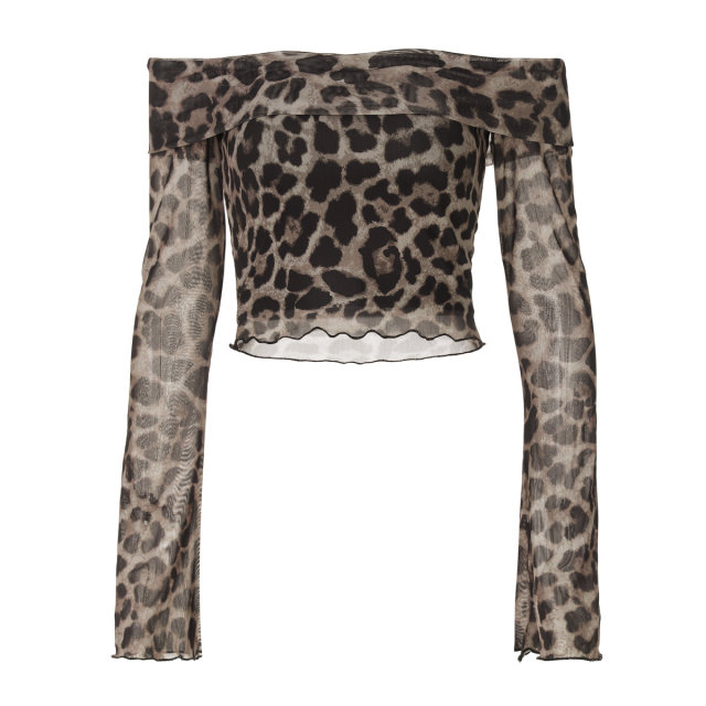 Shemoda European and American style sexy double-layer mesh leopard print one-length neck long-sleeved T-shirt women's slim short top