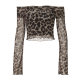 Shemoda European and American style sexy double-layer mesh leopard print one-length neck long-sleeved T-shirt women's slim short top