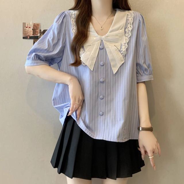 French bow striped short-sleeved shirt for women in summer large size fat mm slimming and high-end high-end doll collar top