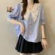 French bow striped short-sleeved shirt for women in summer large size fat mm slimming and high-end high-end doll collar top