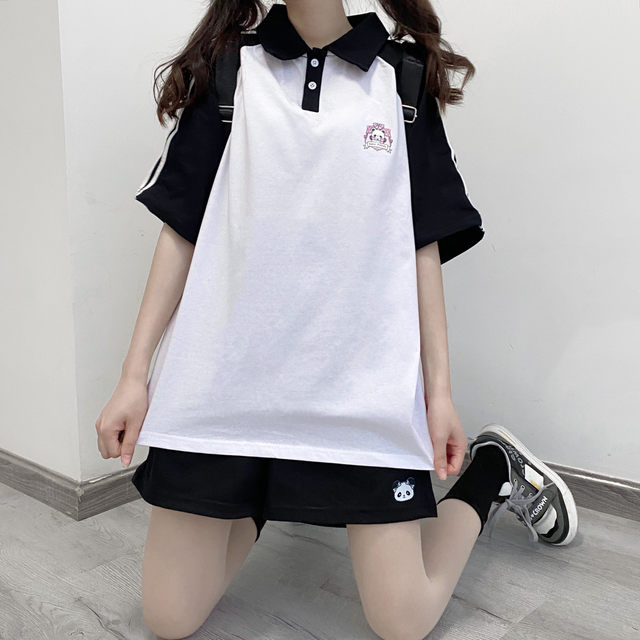 Original energetic girl's daily jk summer loose color-blocked shoulder-length sleeve lapel POLO shirt top T-shirt
