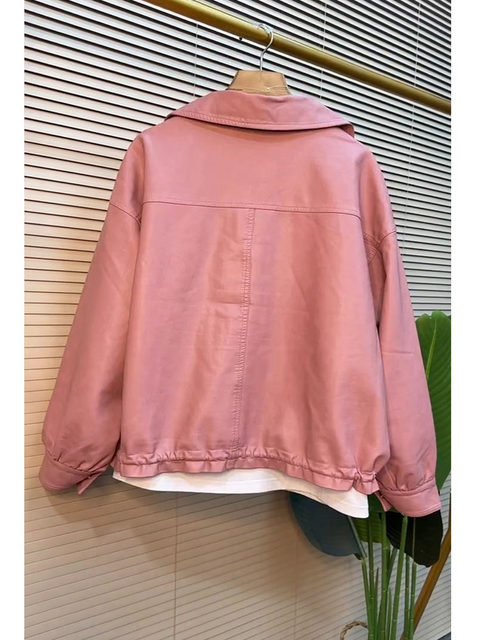 Fat mm Spring and Autumn New Fashion PU Leather Jacket Large Size Women's Loose Slim and Reduce Age Long Sleeve Leather Jacket Top