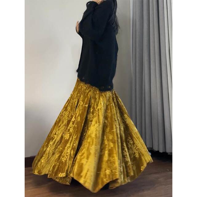 Reading garment technique gold printed skirt Chinese style old money style velvet skirt irregular gold velvet fishtail skirt