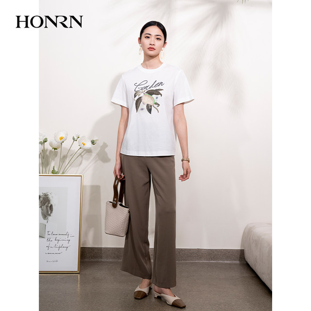 HONRN/Red loose white sequin bead embroidered pure cotton short-sleeved shoulder women's T-shirt summer HI22SY523