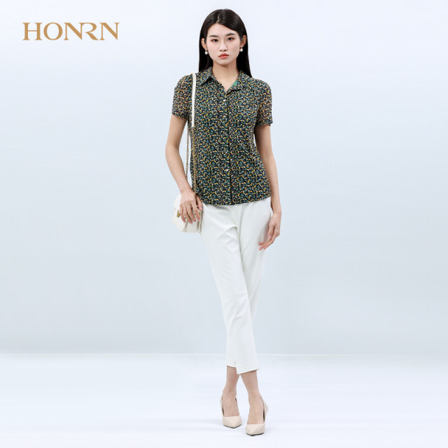 HONRN/Red Man Casual Knitted Cardigan Slim Floral Printed Short-Sleeved Thin Shirt Top Women's Summer Style