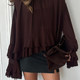 European and American shirts for women long sleeves loose layered ruffle brown 2025 summer casual temperament women's top vacation