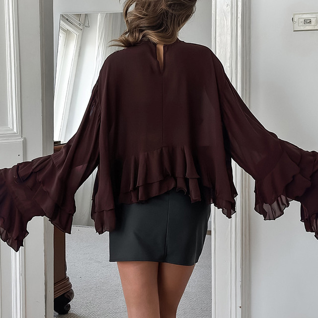 European and American shirts for women long sleeves loose layered ruffle brown 2025 summer casual temperament women's top vacation