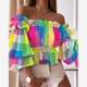New autumn products sexy one-length neck off-shoulder gradient tie-dye large flower dot print waist-closed long-sleeved shirt short top
