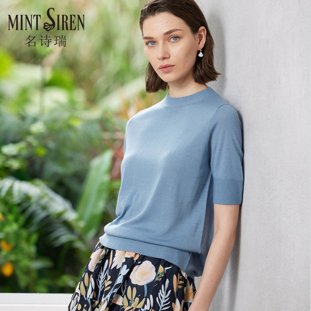 2025 spring new product short-sleeved basic style solid color half-high round neck worsted pure wool base thin sweater pullover