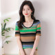 Ice silk short-sleeved sweater for women in summer fat mm large size V-neck shoulder T-shirt slim and slim rainbow striped top trendy