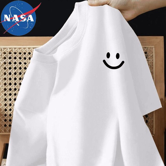 NASA joint brand 100% pure cotton white cartoon loose 2025 summer new solid color short-sleeved T-shirt for men and women
