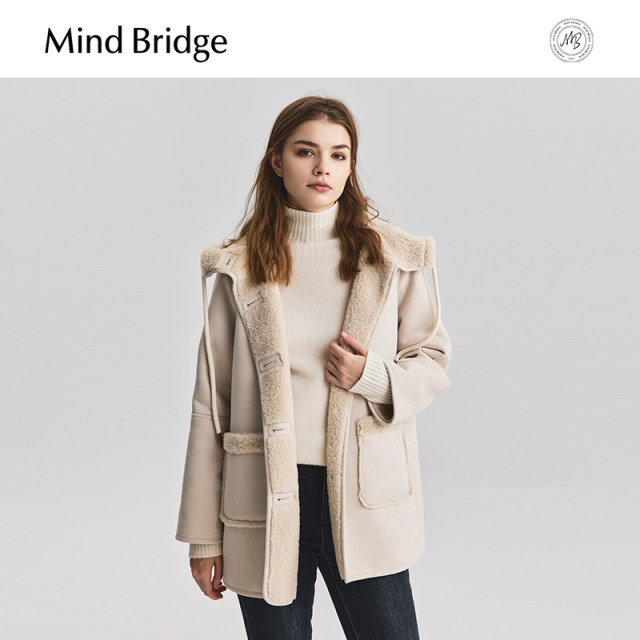 Mind Bridge winter mid -length jacket 2024 new imitation lamb hairs hooded lady thickened jacket