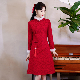 Large size women's autumn-winter fluff and thick red dress fatmm temperament thin new Chinese improved cheongsam dress