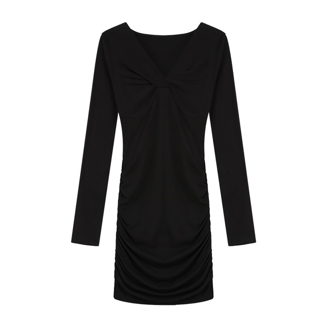 NEVA HU graceful curves/waisted hot girl v-neck white long-sleeved dress for women niche black knitted short skirt