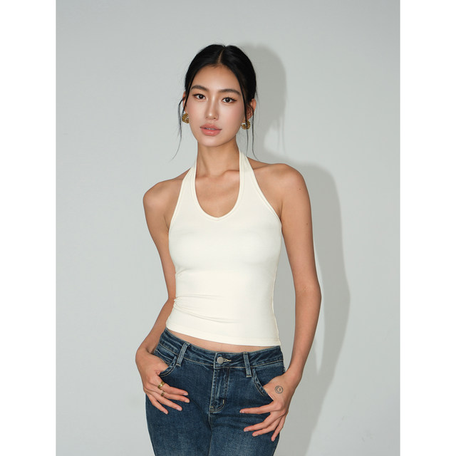 NEVA HU black halter neck small suspender knitted vest for women wearing 2025 summer slim short backless top