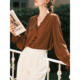 Maillard Brown Earrings V-neck Shirt Women's Autumn 2025 New Long Sleeve Shirt French Bourgeois Top