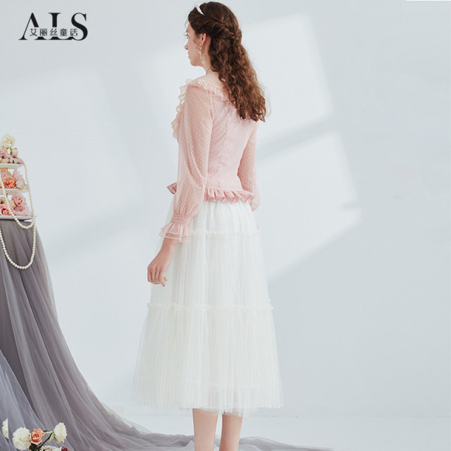 Alice's new pink mesh skirt for spring 2025 high-waisted slim lace mid-length cake skirt mid-skirt