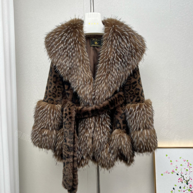 
mink plush leopard fur jacket for women mid-length young and fashionable big fur collar autumn and winter environmentally friendly fur jacket