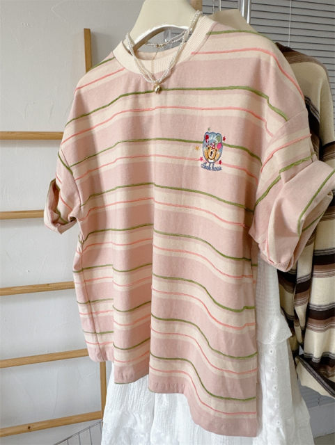 Pink striped bears embroidered short -sleeved top Girl summer 2024 loose, thin niche design, Korean t -shirt
