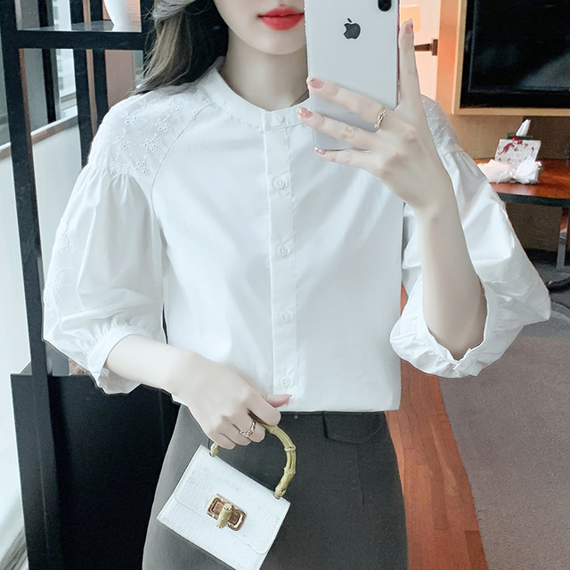 White Tennis Shirt Women's Spring Clothing 2025 New French Stand Collar Embroidered Hollow Sleeve Shirt Chic Top
