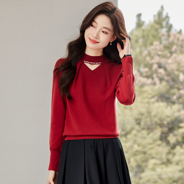Red half-turtleneck sweater for women in autumn and winter new beaded hollow pullover top slim fitted with knitted base shirt