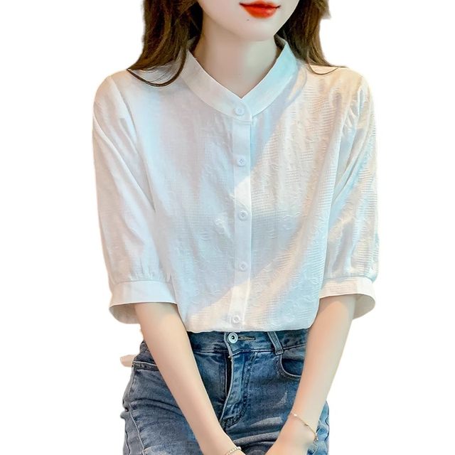 White shirt for women's five-quarter sleeve summer 2025 new French stand-up collar puff sleeve cotton shirt thin short-sleeved top