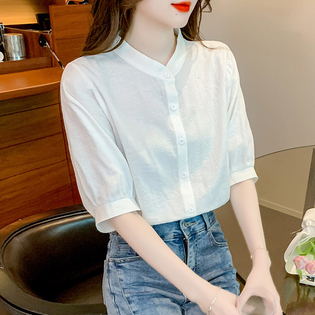 White shirt for women's five-quarter sleeve summer 2025 new French stand-up collar puff sleeve cotton shirt thin short-sleeved top