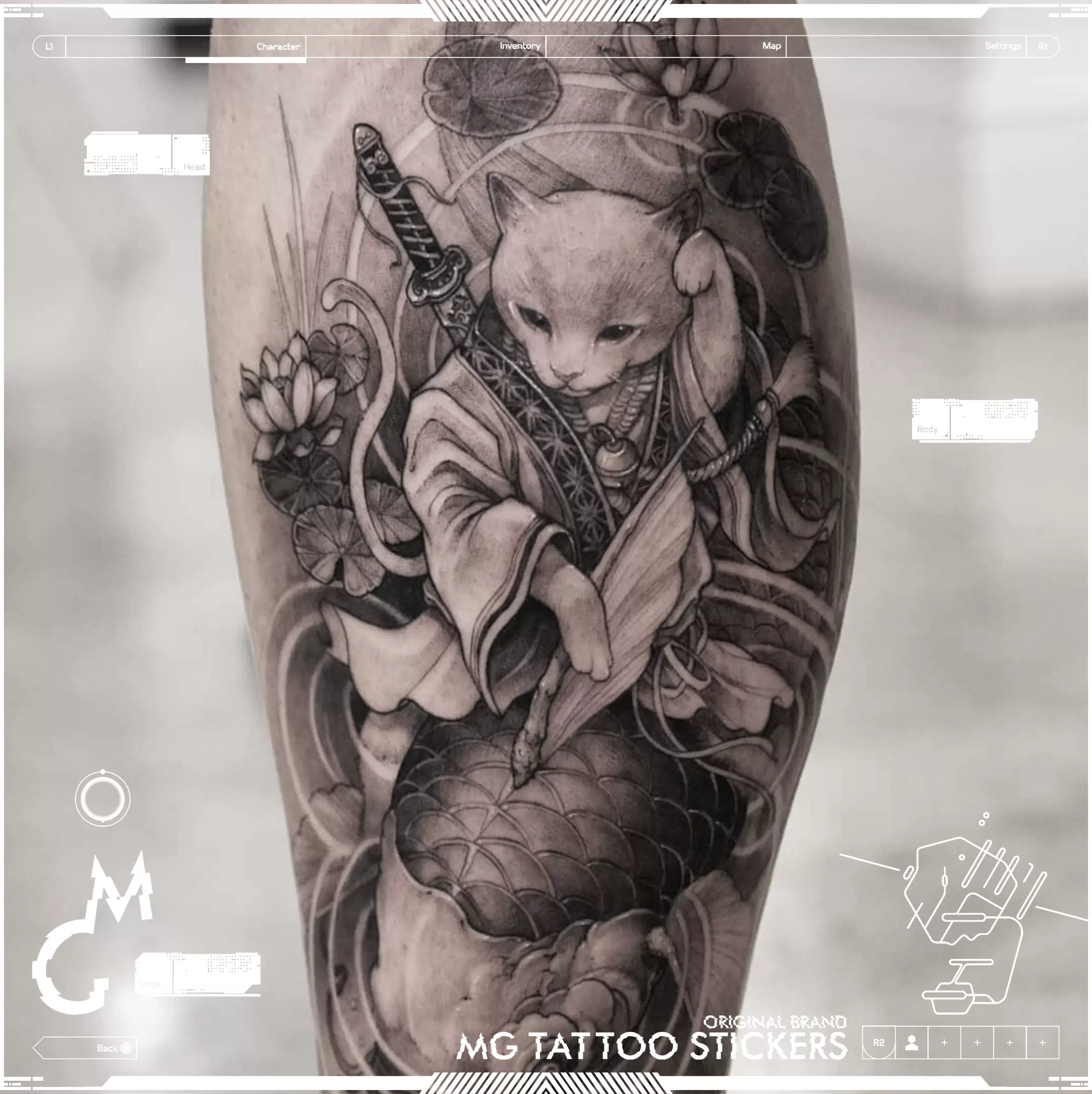 Mg Tattoo 日系浮世绘福猫锦鲤忍者图案花臂纹身贴纸